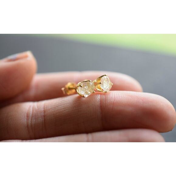 14k Raw Diamond Earrings, Gold Earrings, Bridal Studs, Rough Diamond Earrings - Picture 4 of 5